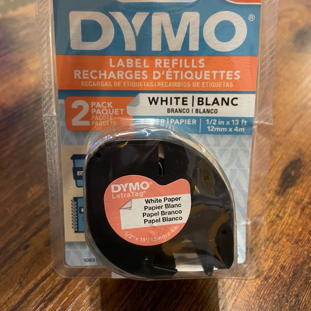 ✅DYMO LetraTag Refills 2 Pack White Paper Label Tape 12mm x 4m #️⃣0518